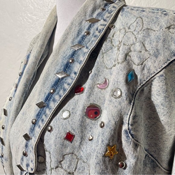 VTG Embellished Denim Jacket 80s 90s Beaded Rhinestone glitter floral studded - Picture 4 of 10